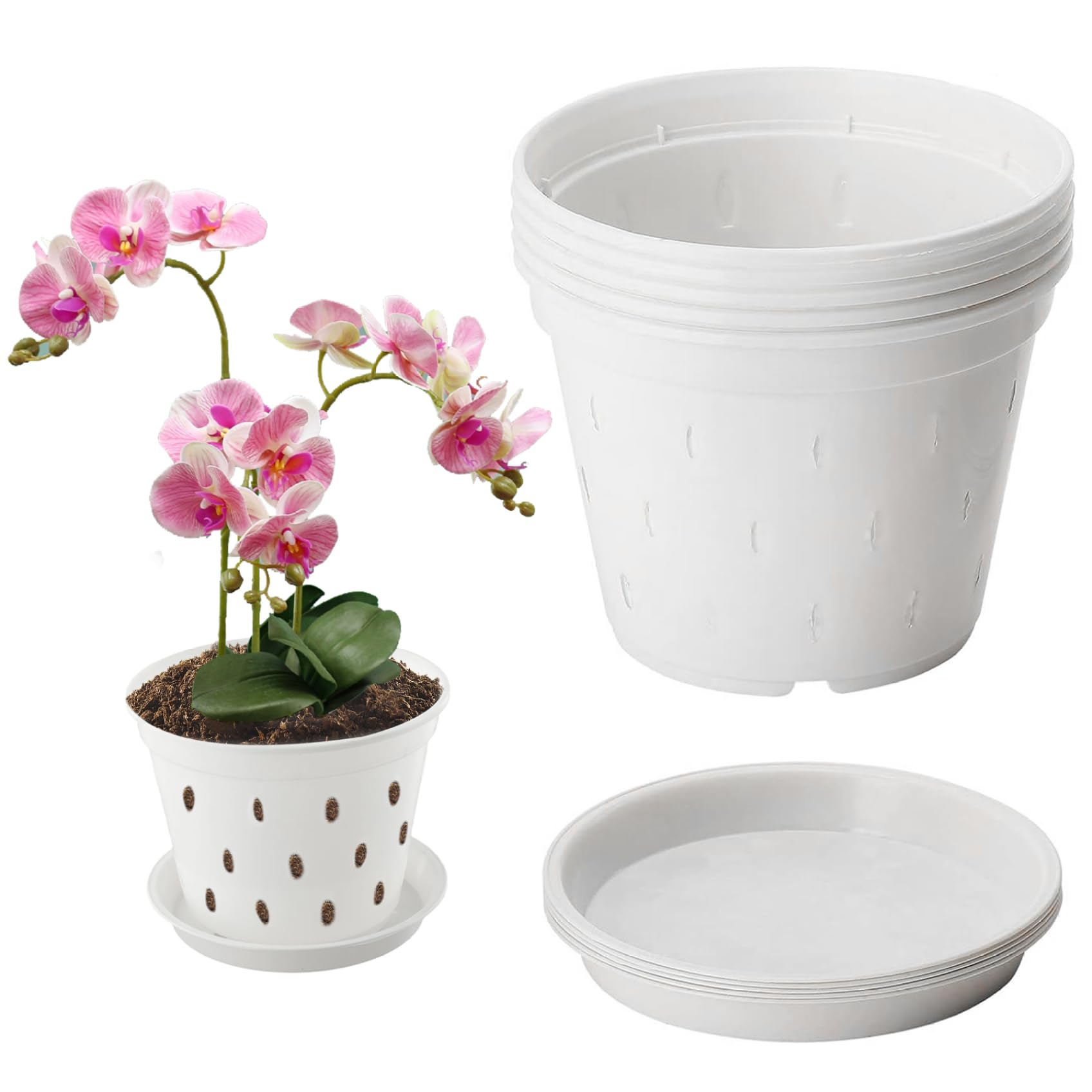 Uanqfegy Orchid Pots, 5 PCS Plastic Planters with Holes & Saucers - 5.6 Inch Decorative Pots for Indoor Outdoor