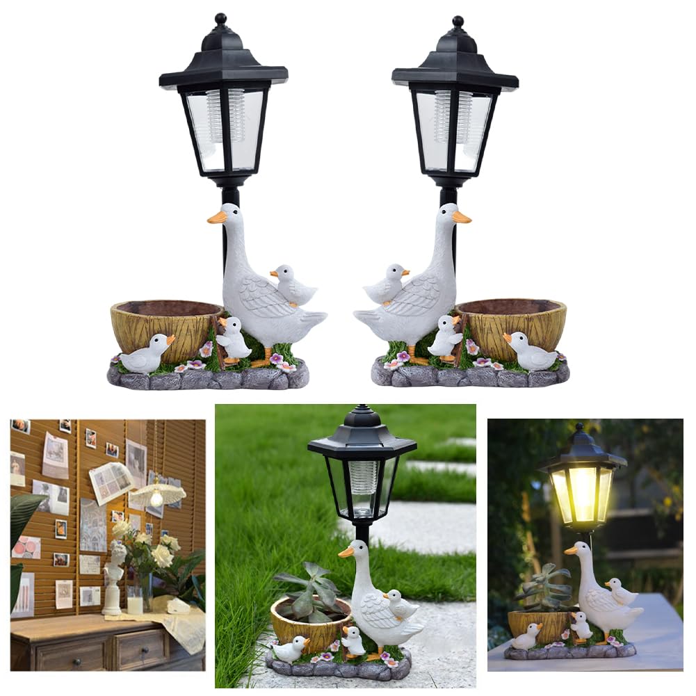 2Pc Garden Duck Statues With Solar Lantern, Duck Figurines Yard Art Garden Sculptures, Ducks Solar Powered Lanterns Garden Ornaments For Patio Lawn Backyard Porch Decor
