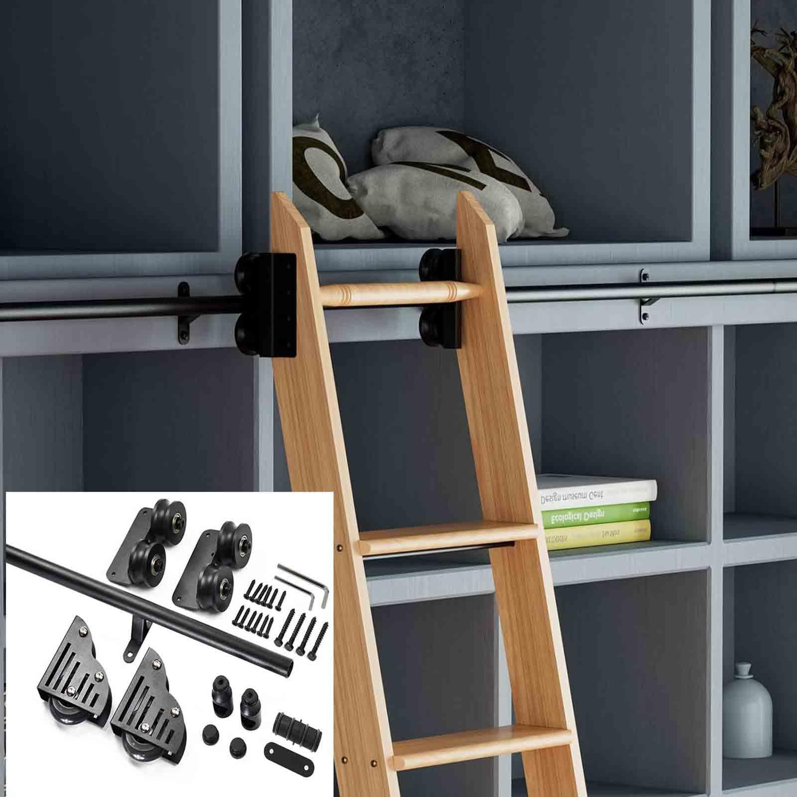 OOPDNEGAK Retractable Rolling Ladder Hardware Kit, Sliding Ladder Door Hardware Kit, Door Hardware Accessories, Black Sliding Barn Door(800cm(26.2 ft) track kit)