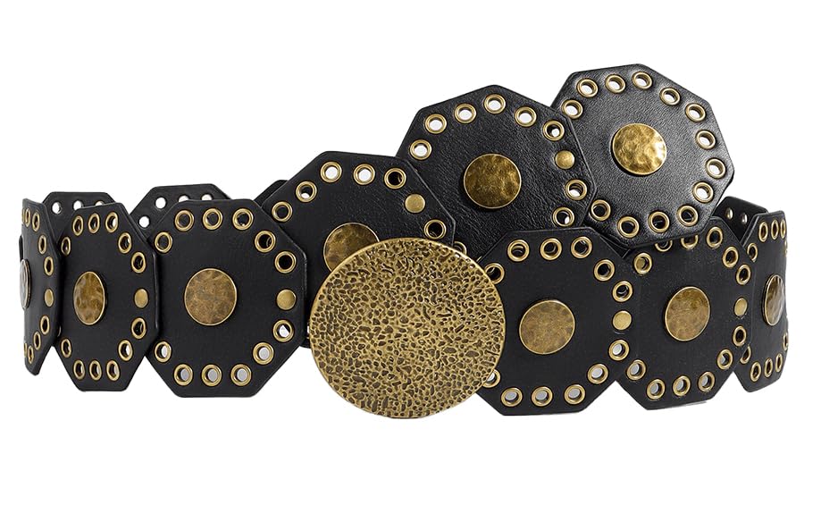 Western-Wide-Disc-Boho-Belts for Women PU-Leather Hollow-Concho Waist Belt for Dress Jeans