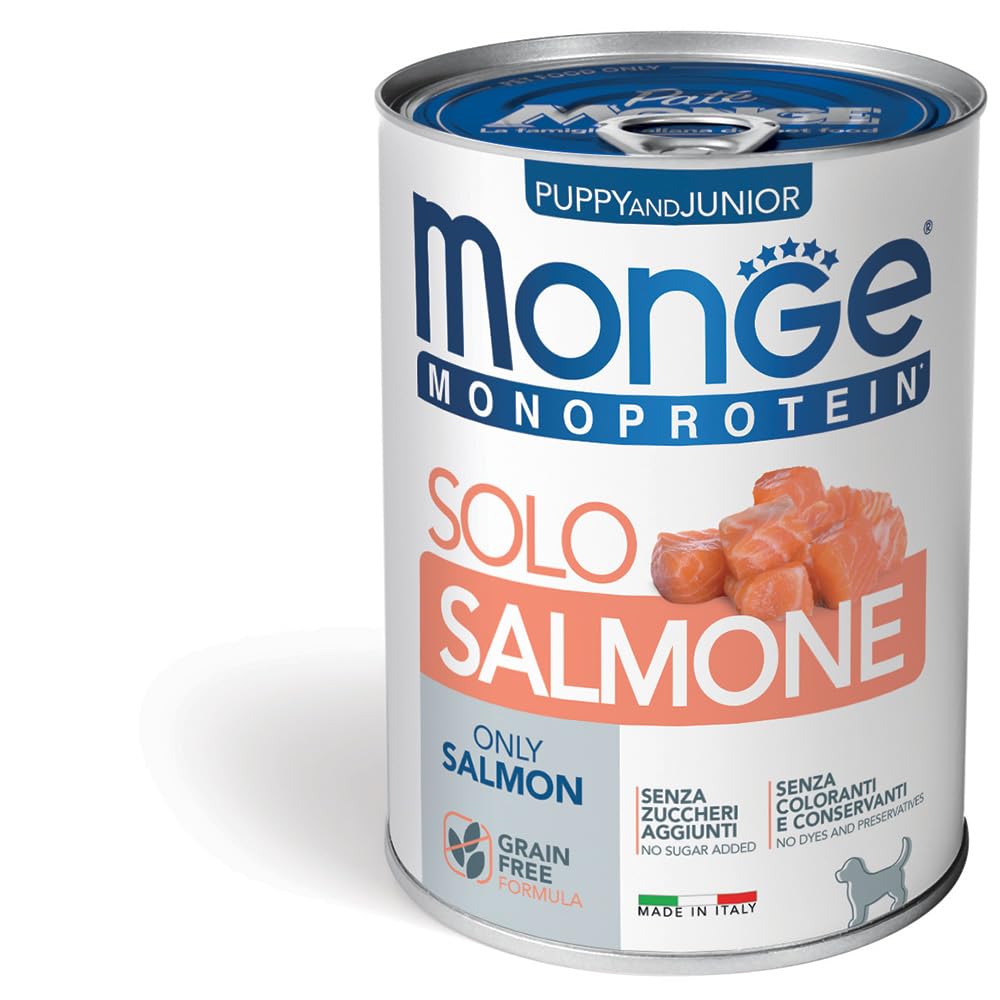 Monge Monoprotein Paté Solo Salmone for Cuccioli Puppy and Junior, Grain Free, Senza Conservanti, 6 scatolette da 400 g