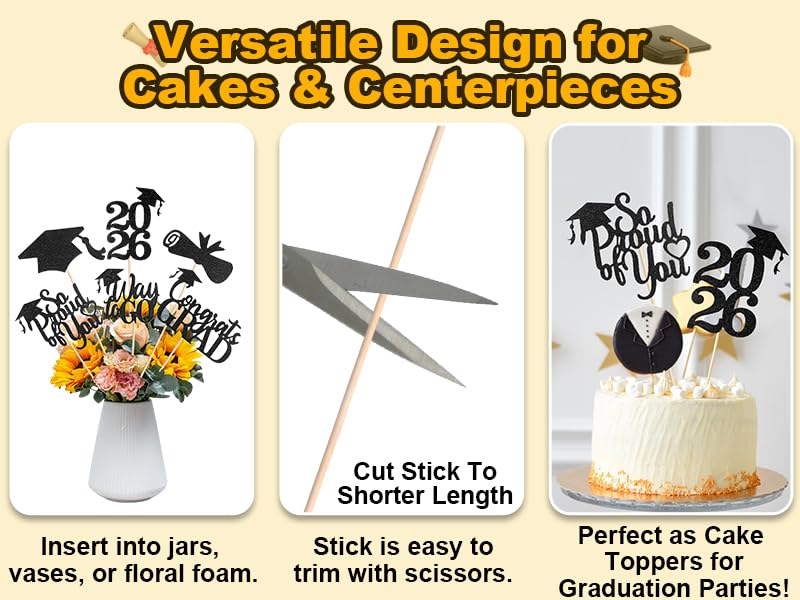 Image of Graduation Decorations 2026, 24 PCS Class of 2026 Double-Sided Centerpieces with Sticks, Black Glitter Grad Table Toppers and Party Supplies for Cake or Photo Booth