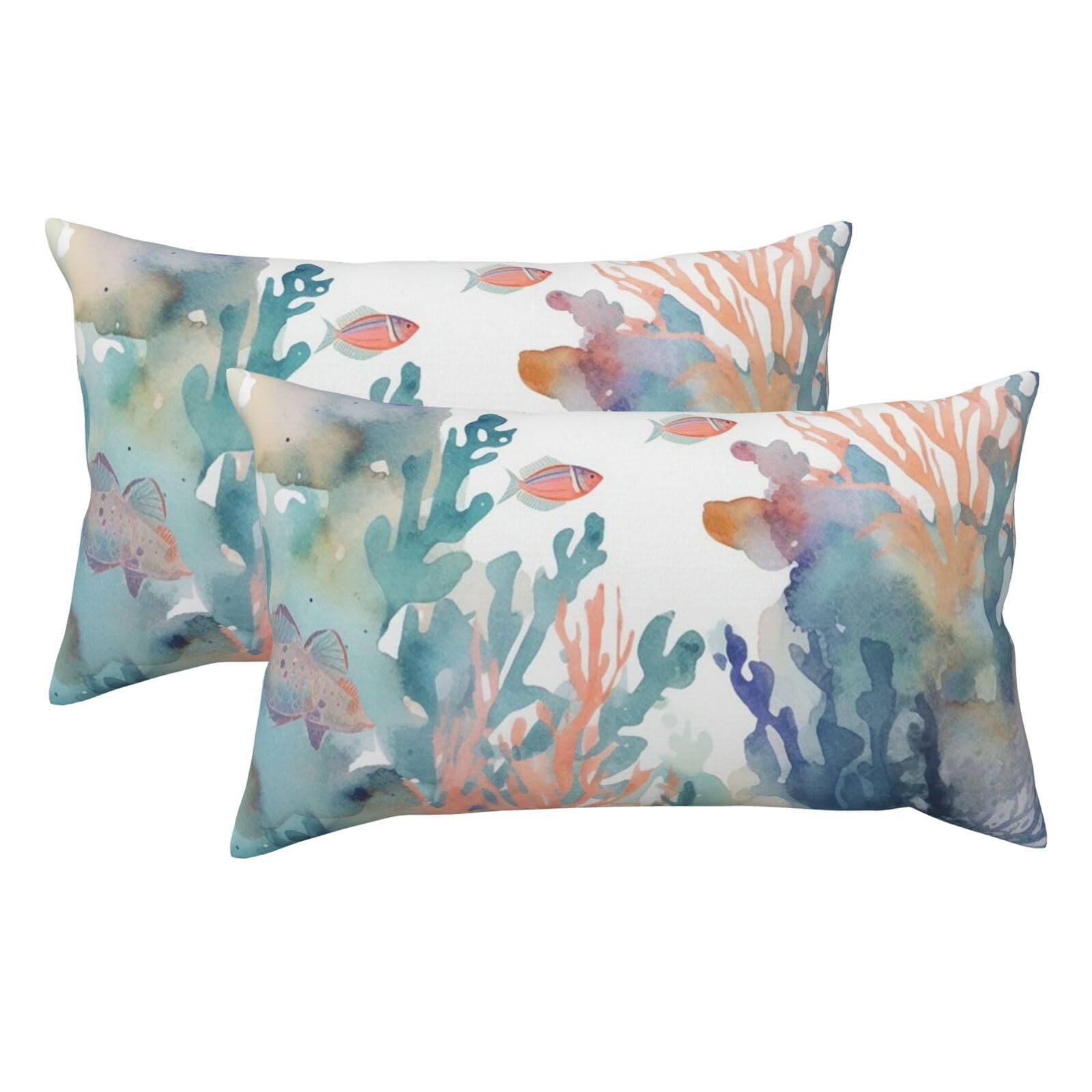 2 Pack King Size Pillow Cases for Hair and Skin Soft Breathable Pillow Case Covers with Hidden Zipper Watercolor Fish and Coral Pillowcase 20x36 Inches Pillow Covers for Sleeping Gift