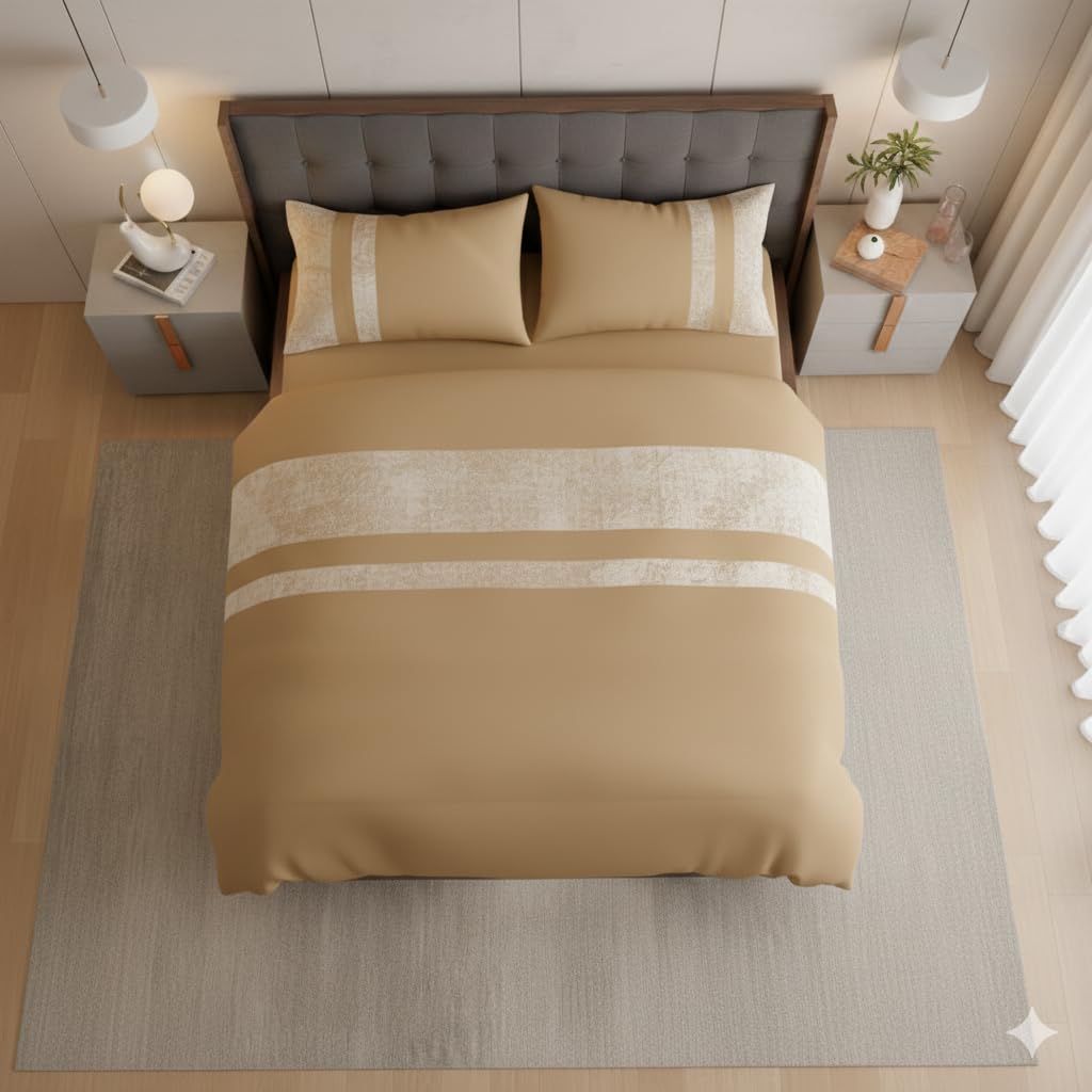 Housebloom Duvet Cover Sets - Luxury Crushed Velvet Panel Band Duvet Cover Sets with Pillow Case Bedding Set – Beige Crush Velvet Double Duvet Set