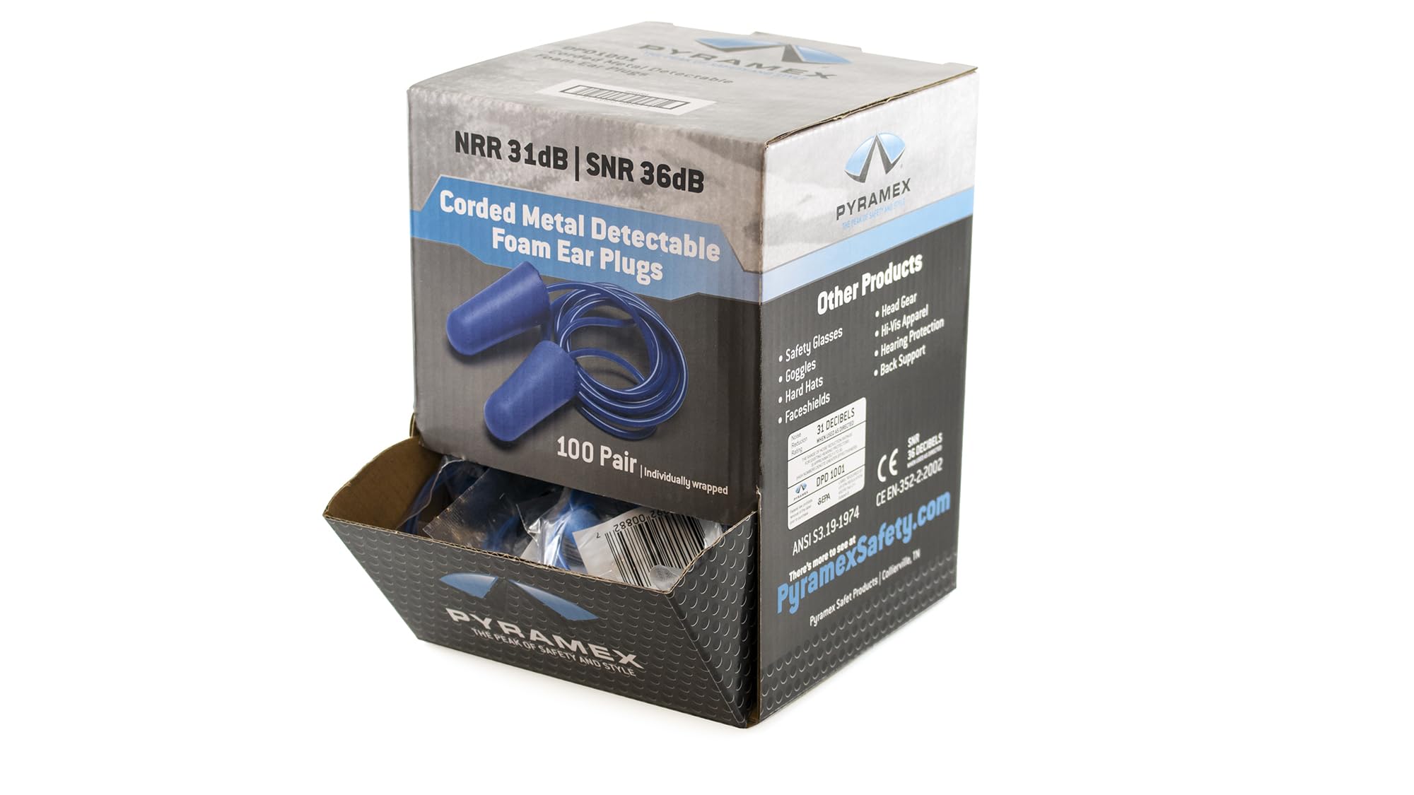 Pyramex Safety Metal Detectable Disposable Corded Earplugs 100 Pair Per Box
