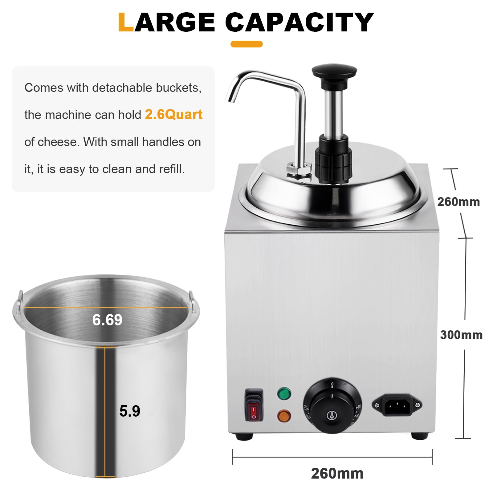 SNICE Electric Chocolate Warmer Dispenser - 3.0 Qt Stainless Steel, Temp Control For Nacho Cheese, Hot Fudge, Caramel