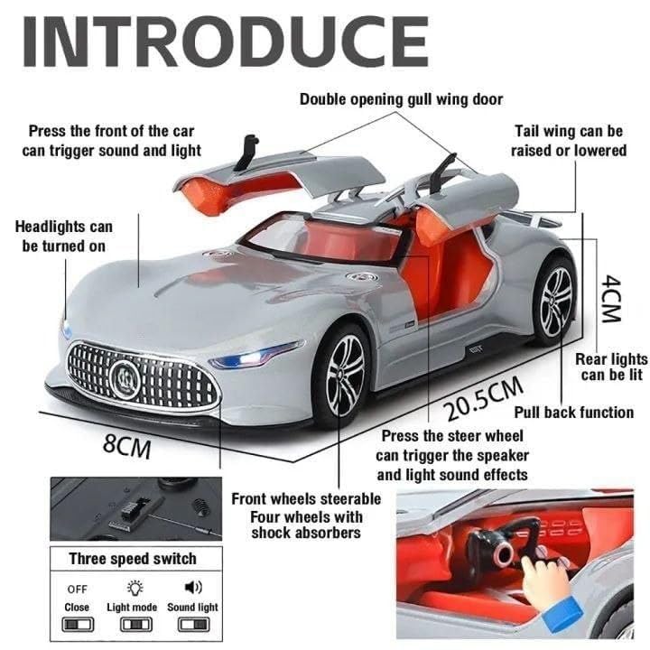 Image of 1 /24 Merceedees Vision GT Future Model Car - Exclusive Alloy Metal Pullback Toy with Openable Doors, Lights, and Music for Kids (1:24 Merceedes Vision - Silver)