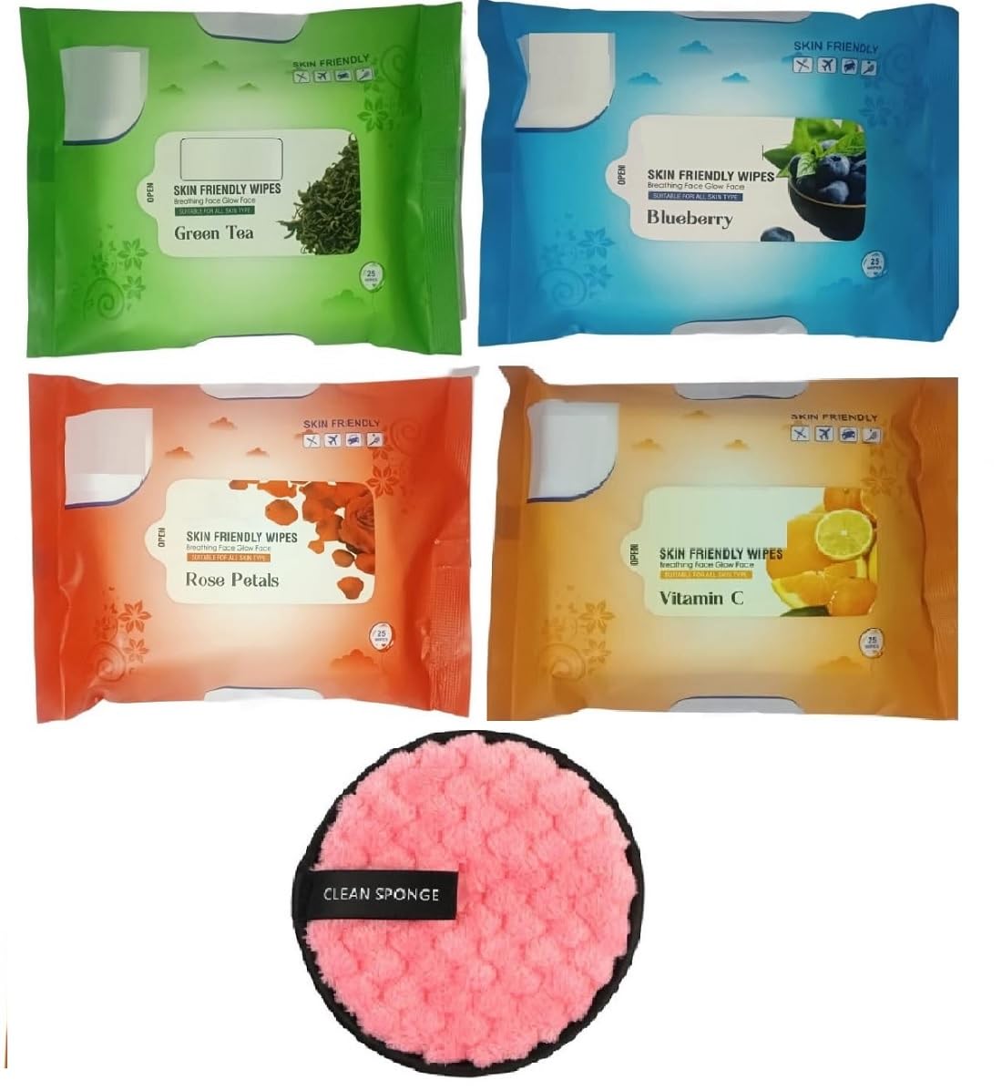 Refreshing Daily Use Cleansing Face Wet Wipes Green tea,Rose peatls,Blueberry, Vitamin C (Pack of 4) Makeup Remover Pad Reusable Face Cleaning Sponge-1Pcs-image-24