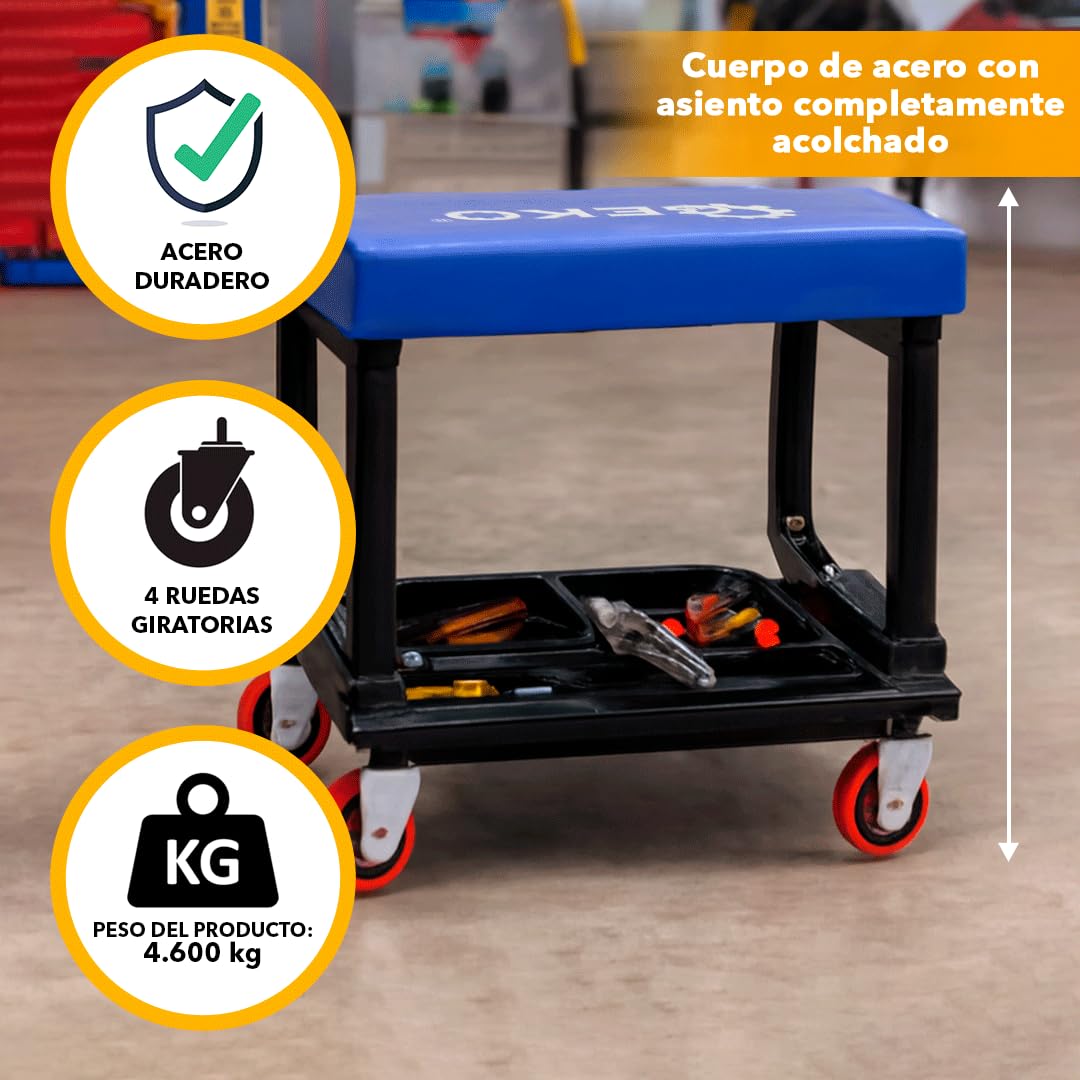 Taburete de Trabajo | Cuerpo de Acero Resistente, Asiento Acolchado, Carga Máxima 136Kg | Taburete con 4 Ruedas Giratorias 360° | Taburete de Taller Con Estante Dividido Para Herramientas