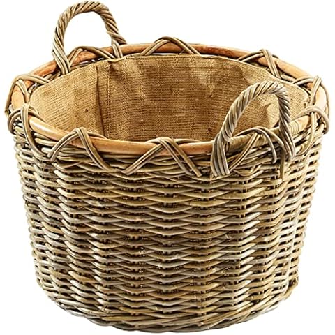 Kobolo Kaminkorb Holzkorb für Kaminholz rund Kubu grey-antique - aus Rattan mit Griffen und herausnehmbarer Jute ausgeschlagen Cover