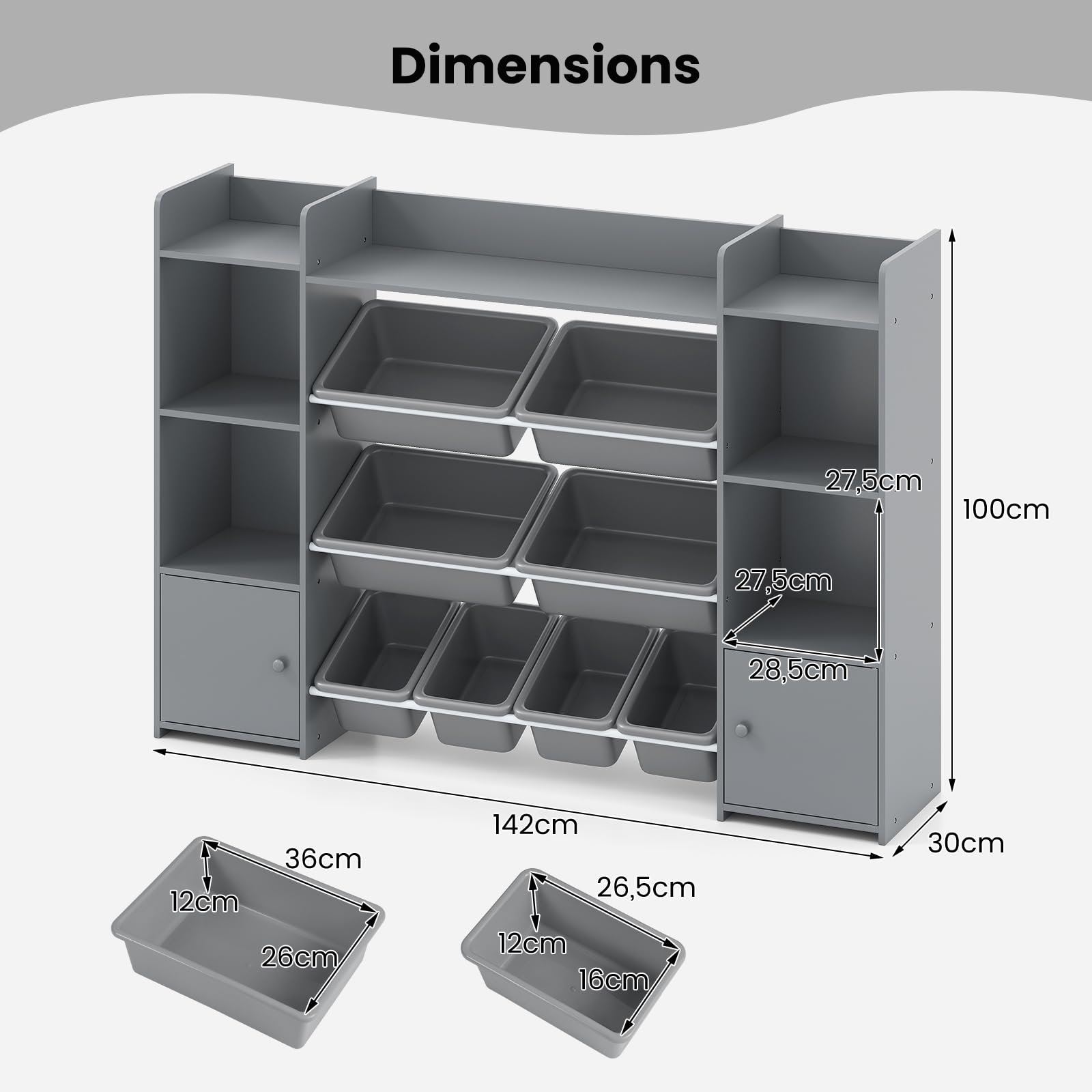 GOPLUS Meuble Rangement Jouets Enfant, Étagère à 4 Niveaux avec 6 Compartiments et 8 Bacs Amovibles, Bibliotheque Enfant pour Chambre Salon Salle de Jeu, 142x30x100cm (Gris)