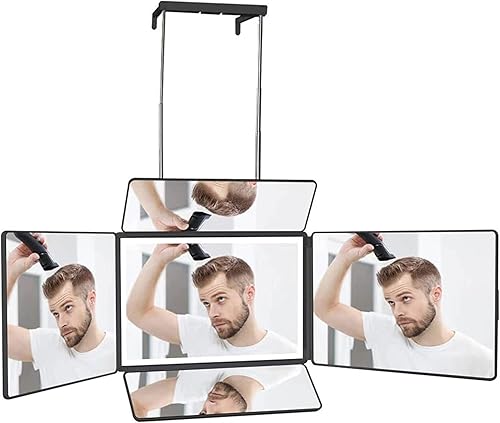 Espejo de 3 vías para corte de cabello propio, espejo de 360 con luces LED, espejo triple de brillo ajustable con ganchos telescópicos ajustables de