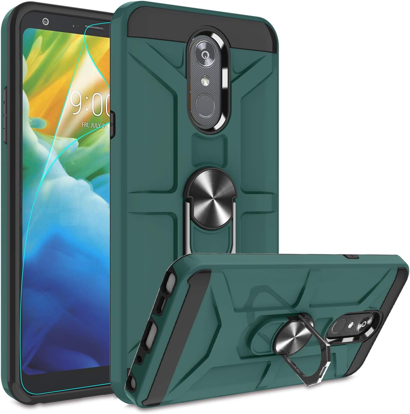 ATUMP LG Stylo 4 Case, LG Stylo 4 Phone Case with HD Screen Protector, 360°Rotation Ring Holder Kickstand [Work with Magnetic Car Mount] PC+ TPU Phone Case for LG Stylo 4, Midnight Green