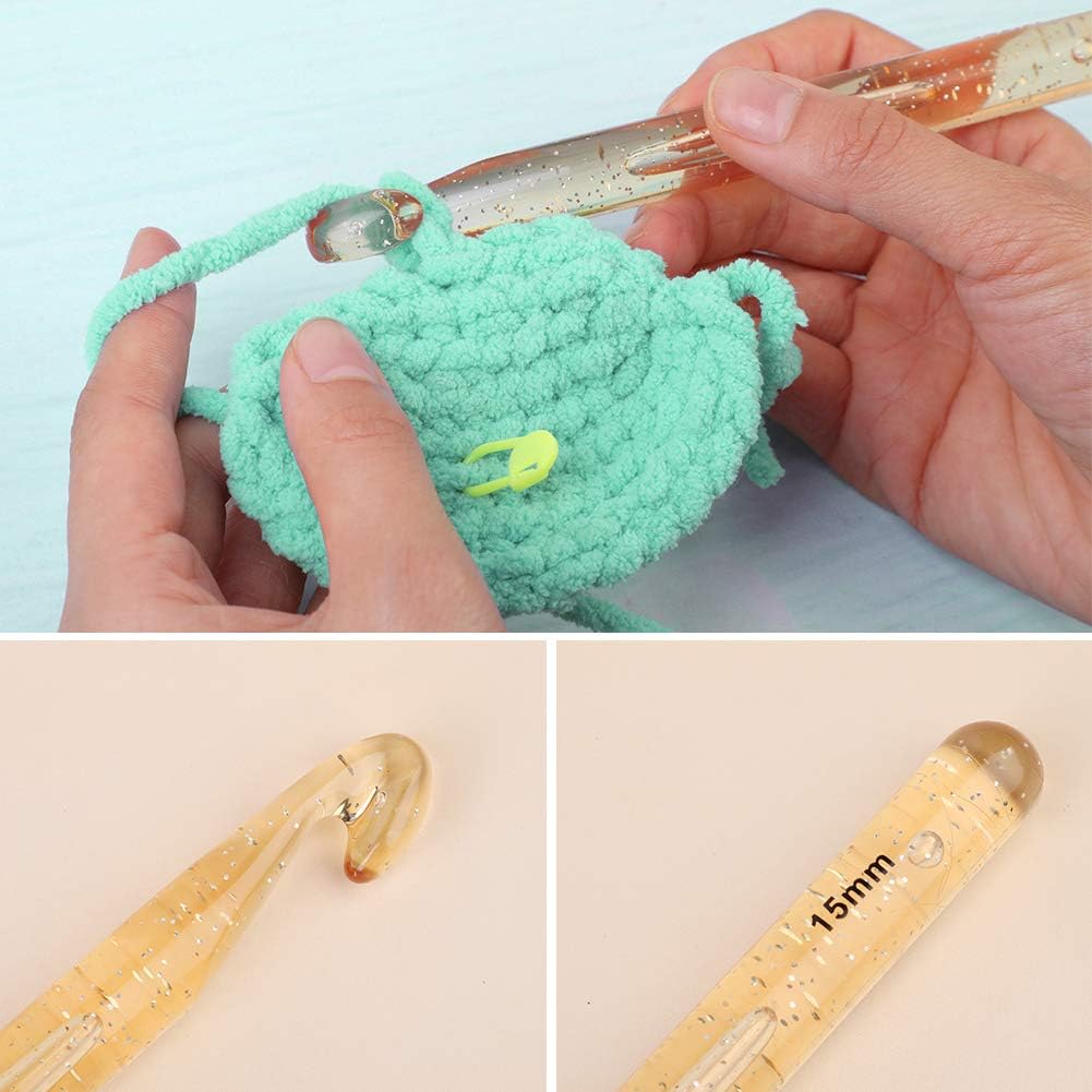 15 mm Huge Crochet Hook - Large Yarn Crochet Hooks Needles with 10 Pcs Crochet Locking Stitch Markers, Extra Long Large Size Plastic Handle Knit Crochet Hooks for Blanket Rags Shawl Craft