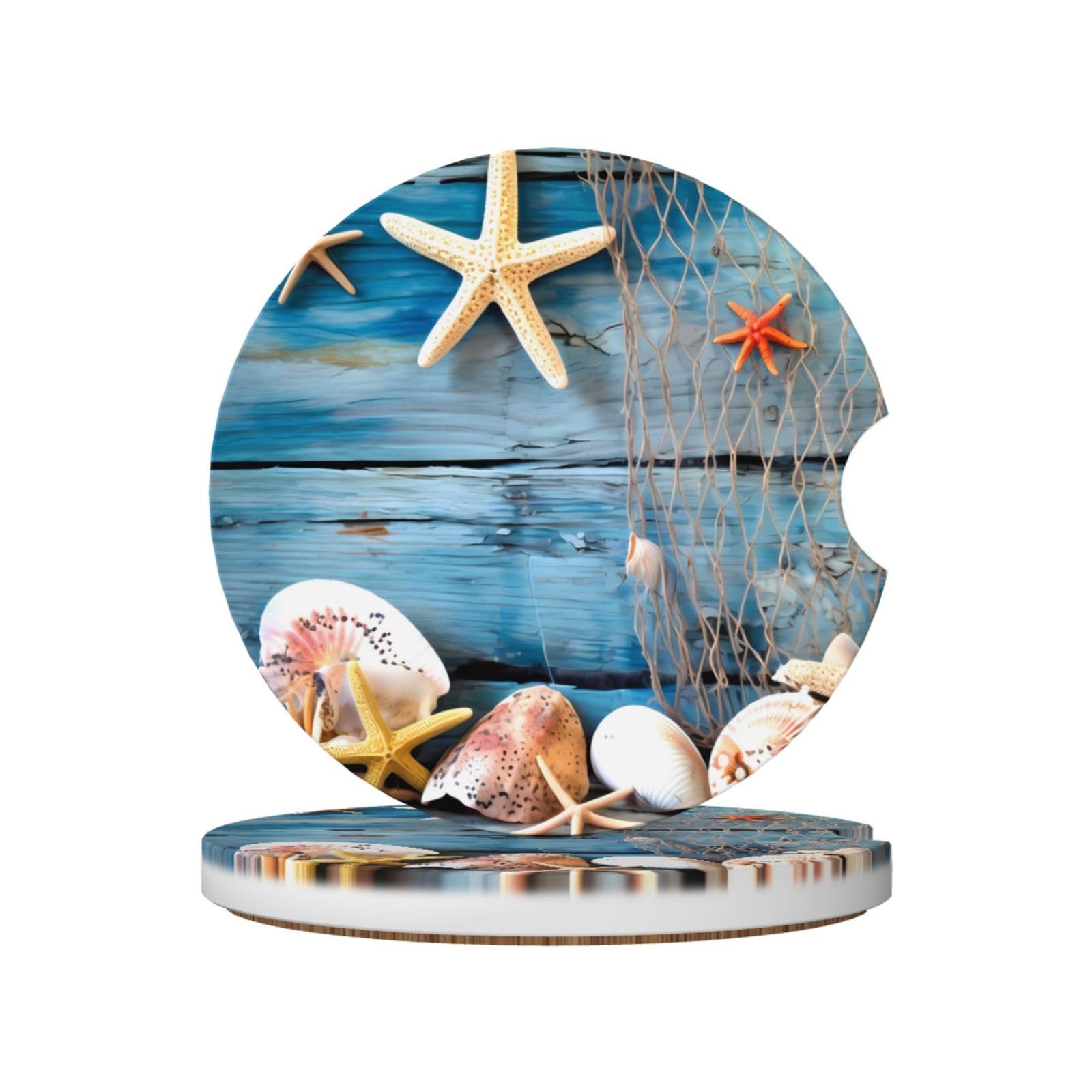 2 Pack Summer Seashell Ceramic Absorbent Car Coasters Dia 2.56"