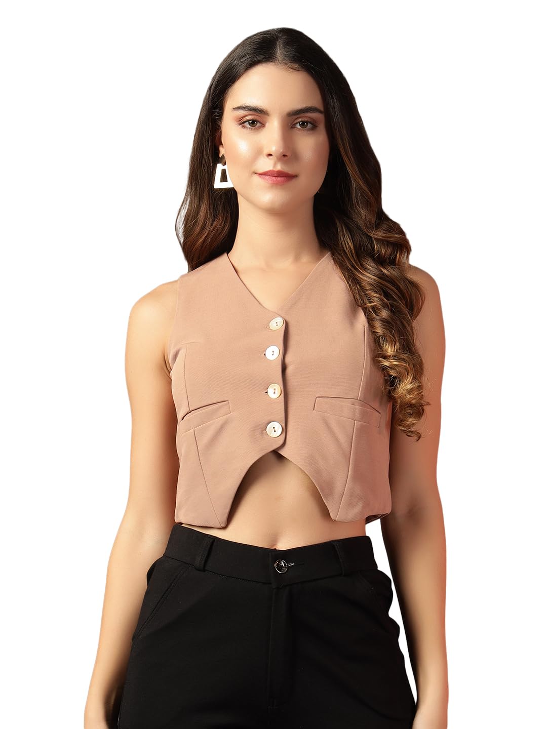 trend arrest.ed Women's Sleeveless Waistcoat Style Crop Top – V-Neck Button Down Fitted Beige Vest Top-picture-17