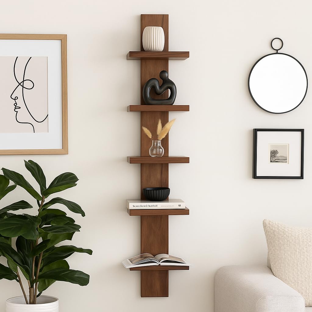 Engineered Wood Vertical Wooden Display Shelf for Living Room & Bedroom - Floating Storage Rack with Multiple Tiers Modern Wall Shelf Unit for Books, Décor & Showpieces (Brown)-image-42