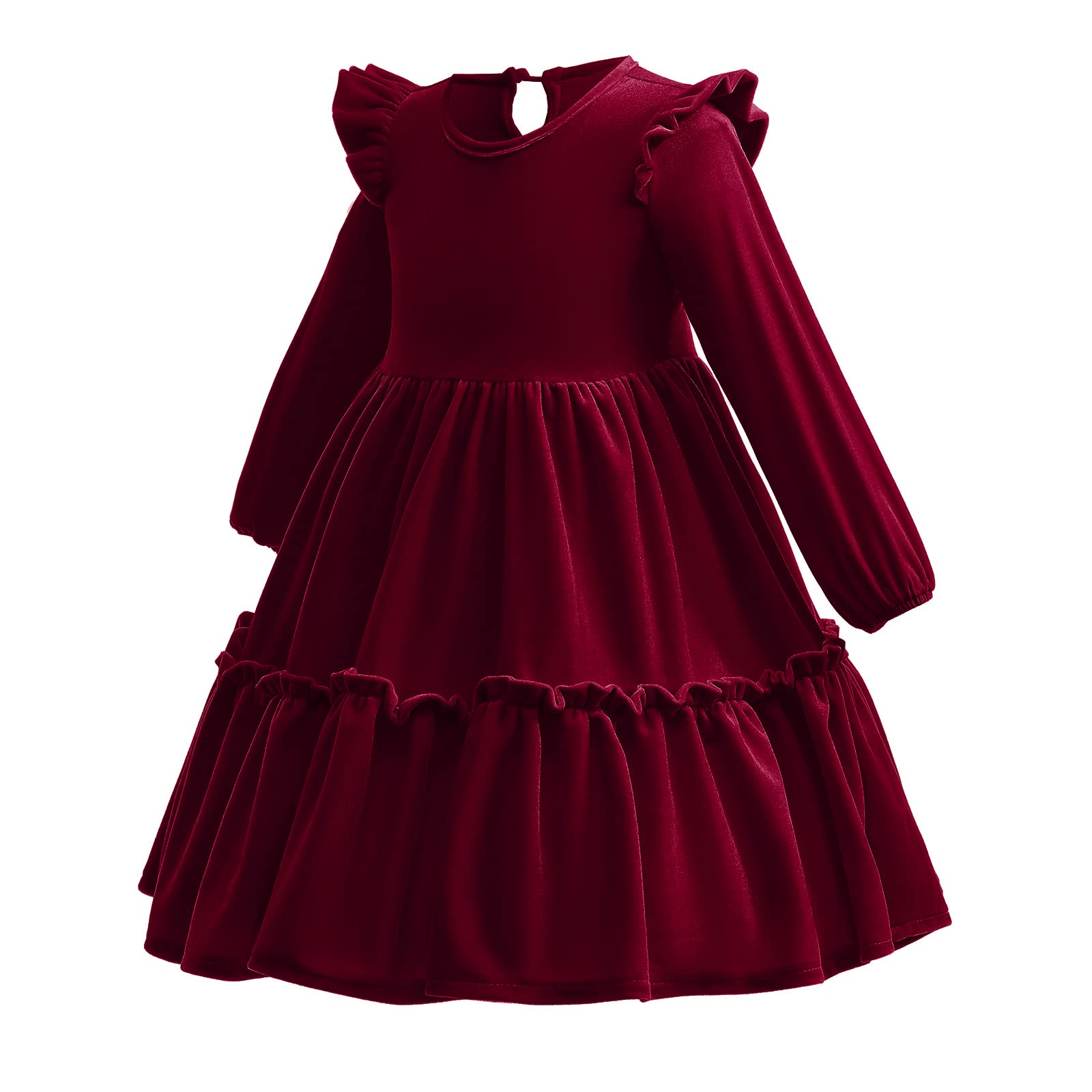 Enfants Filles Robe de Noël Manches Longues Velours Automne Hiver Vêtements Princesse A Ligne Couleur unie Volants Robe de Fête Anniversaire Festif Concours Robe de Bal, rouge bordeaux, 6-7 ans