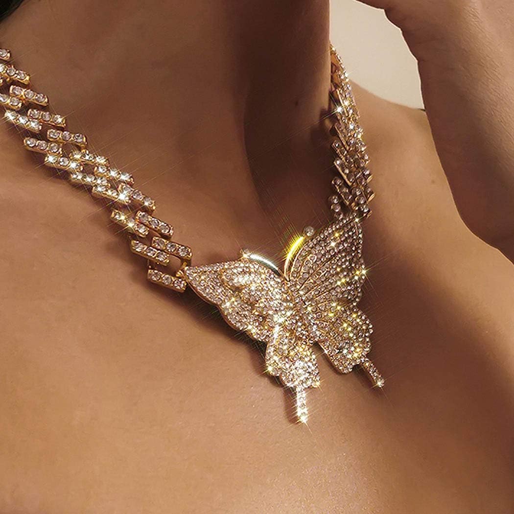 Gold Rhinestone Butterfly Necklace Pendant Chain Necklaces Jewelry for Women GIft