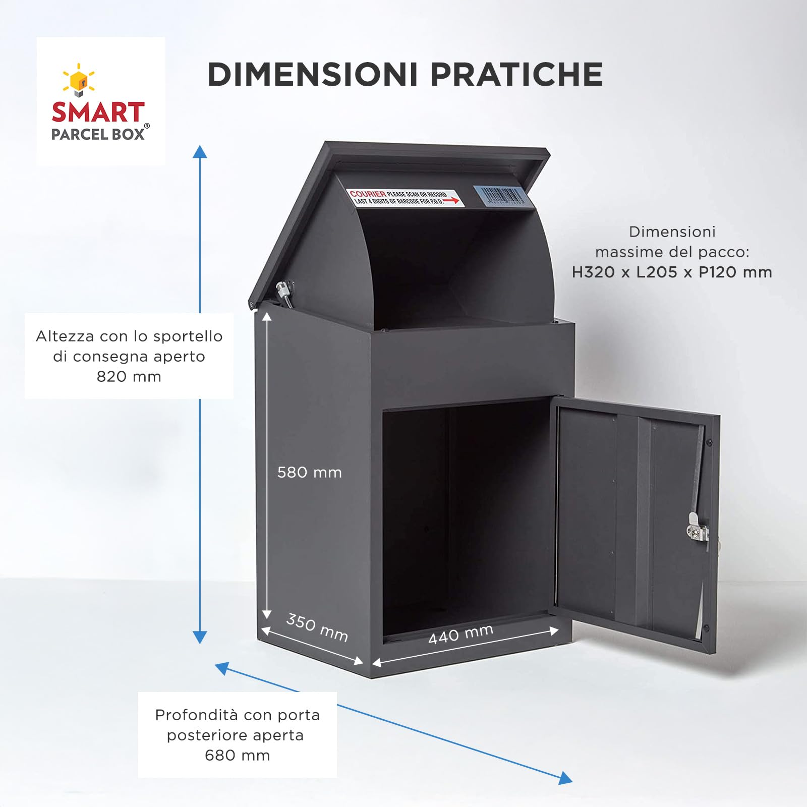 Smart Parcel Box - Cassetta per lettere/pacchi media Grigio scuro con accesso frontale in acciaio