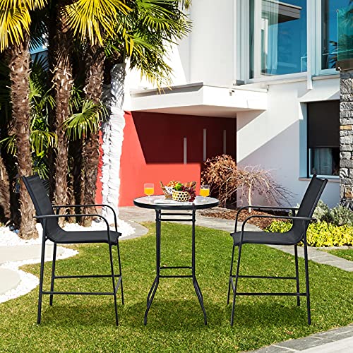 Tangkula 3 Pieces Outdoor Patio Bar Set, Outdoor Bistro Set With 2 Bar Stools And 1 Tempered Glass Bar Table, Bar Height Patio Table And Stools Set For Backyard, Garden, Lawn (Black) #TOP1