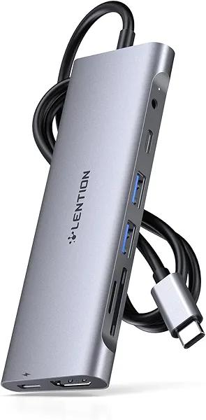 LENTION 3.3FT Long Cable USB C Hub with 4K HDMI, 2 USB 3.0, Card Reader, Aux, Type C Data/Charging Compatible 2024-2016 MacBook Pro, Mac Air/Surface, More, Stable Driver Adapter (CB-C37, Spa