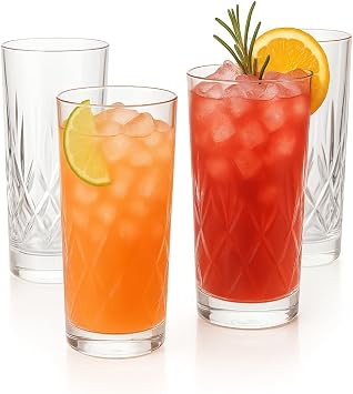 LEMONSODA Premium 12oz Highball Glasses, Tom Collins Glassware Set of 4 | Elegant Textured Crystal Cut Glasses, Premium Tall Drinking Glasses for Water, Juices & Cocktails, Premium Packaging