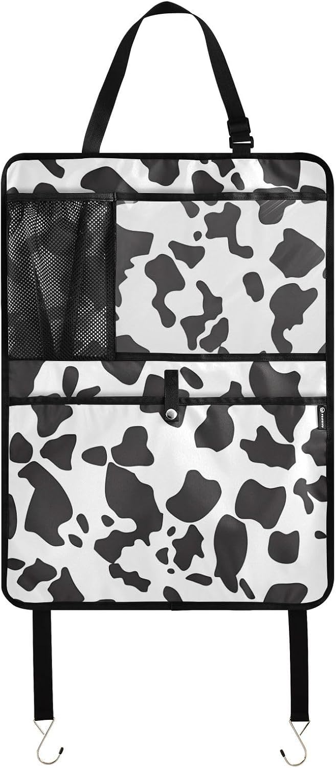JIPONI Car Backseat Organizer, Cow Print 3 Automotive Back Seat Protector, Kick Mats with Storage Pockets for Kids Pets, Road Trip Accessories (2 Pack)