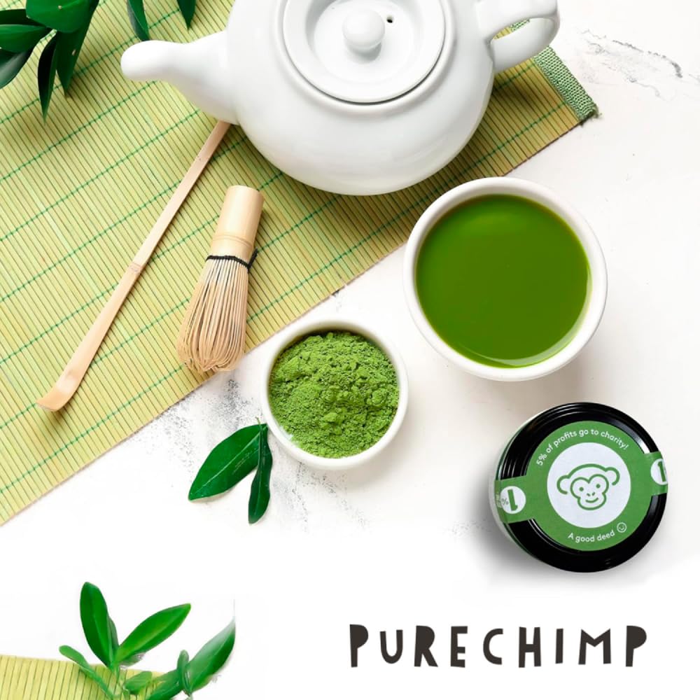 PureChimp Polvo de Matcha Ceremonial Sabor Cúrcuma 50g. 100% Té Verde Puro con Cúrcuma, Canela y Jengibre. Cultivado a la Sombra para Latte y Recetas. Tarro de Vidrio Reciclable. Rico en Antioxidantes