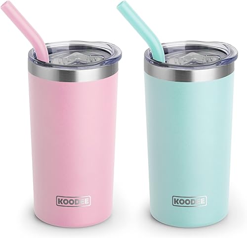 koodee Vaso con tapas y popotes, vaso delgado de 12 oz de acero inoxidable de doble pared aislado al vacío a prueba de derrames, sin BPA (rosa-azul)