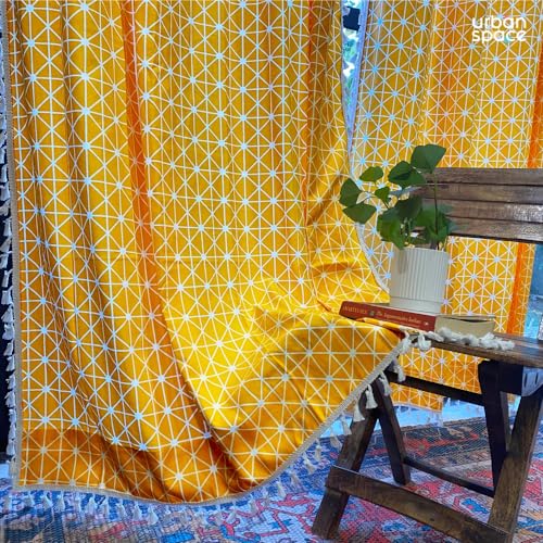Image of Urban Space 100% Cotton Semi Sheer Curtain for Door, Bohemian Curtains 7 Ft Long with Eyelets and Tieback, 2 Curtains with 2 Cushion Covers (Door- 7 X 4Ft, Cushion Cover- 16X16 Inch, Yellow Star)