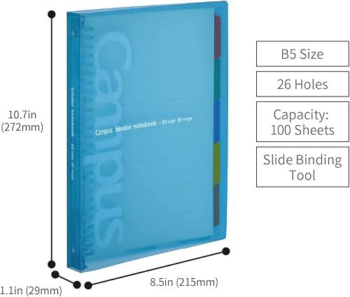 Miniatura 2 de KOKUYO Cuaderno de espiral de 5 materias, diario recargable Campus B5 con separadores de 5 pestañas, 200 hojas en papel de hojas sueltas con rayas