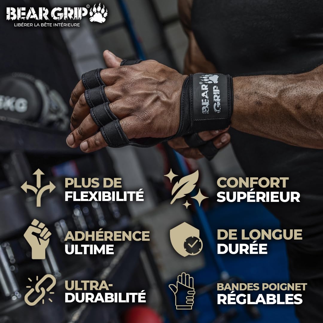 Bear Grip Gants d'entraînement Ouverts pour Crossfit, Musculation et haltérophilie, Gants de Gym rembourrés pour Hommes et Femmes – Accessoires de Fitness, Sport et haltérophilie