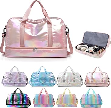 Holographic Shimmering Gym Duffle Bag with Shoes Compartment & Wet Pocket, Women Weekend Overnight Travel Bag Gymnastic Dance Bag for Girl pink