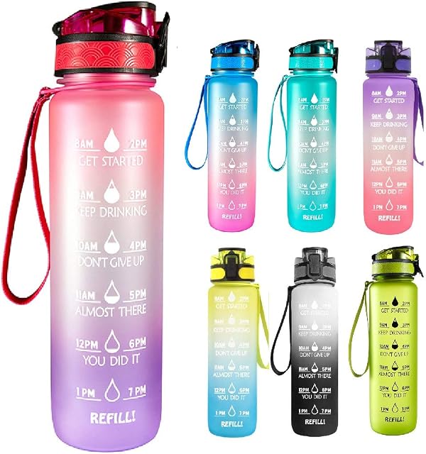 KingSmonk Motivational Sports Water Bottle - 32oz BPA Free Tritan Drink Bottle with Filter & Time Marker Helps You Hydrate - Fast Flow, Flip Top Leak Proof Lid with One Click Open Pink-Purple