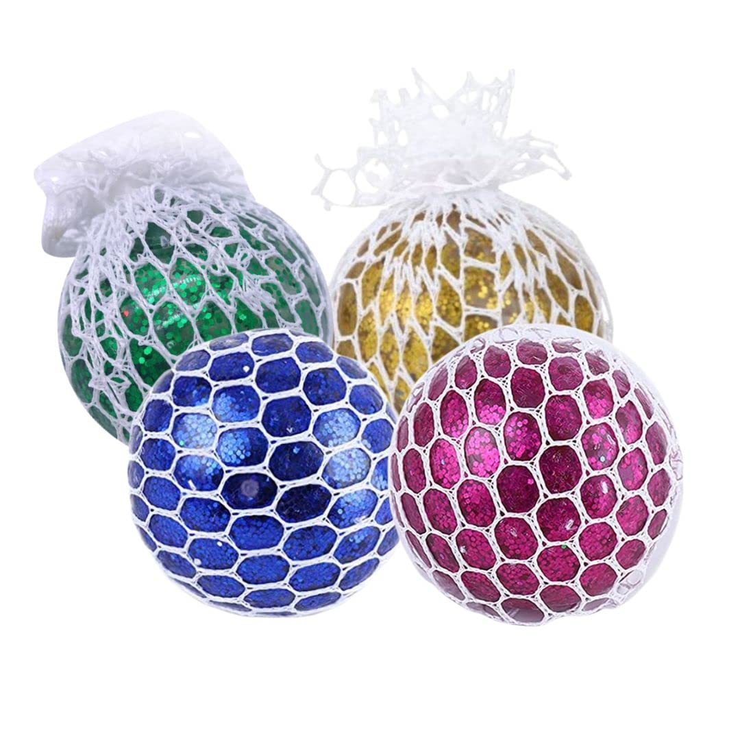 YOMNA(Pack of 4) Fancy Glitter Sparkling Squishy Mesh Ball Stress Relief Squeeze Bling ball Anti-Stress Relief Toy Assorted Colors