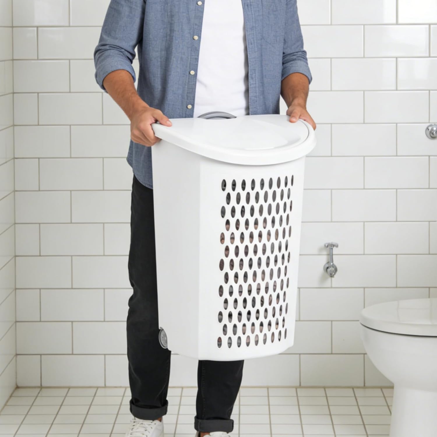 White Laundry Basket, Laundry Hamper with Lid & Wheels, Hamper with Retractable Handle, Ventilated Hamper Basket for Bedroom, Bathroom, and Laundry Room, School Dormitory