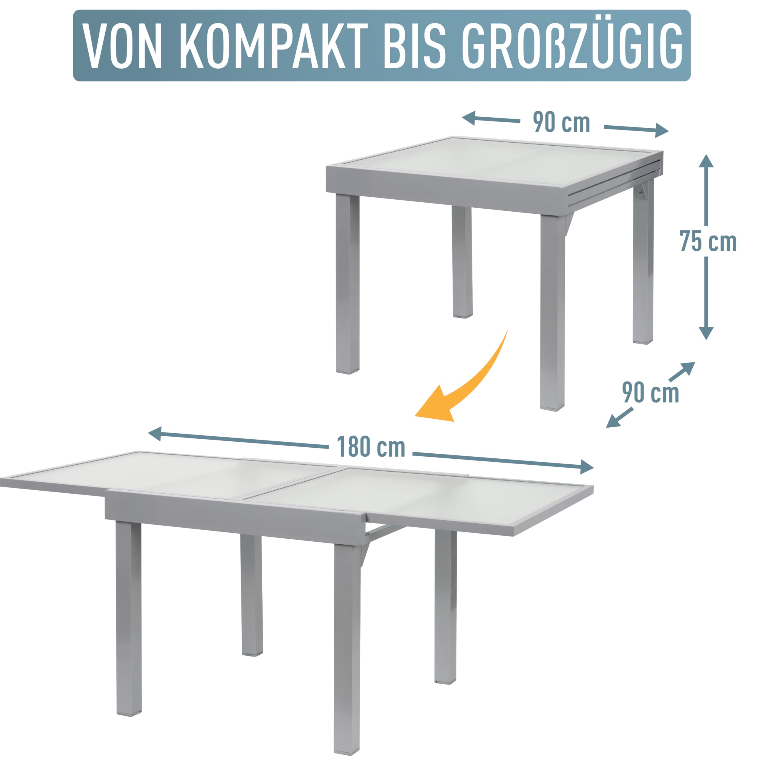 ib style Gartentisch Diplomat, Ausziehbar 90-180 cm, Outdoor, Aluminium Esstisch, Balkonmöbel, Gartenmöbel, Tischplatte aus Sicherheits Glas, Silber