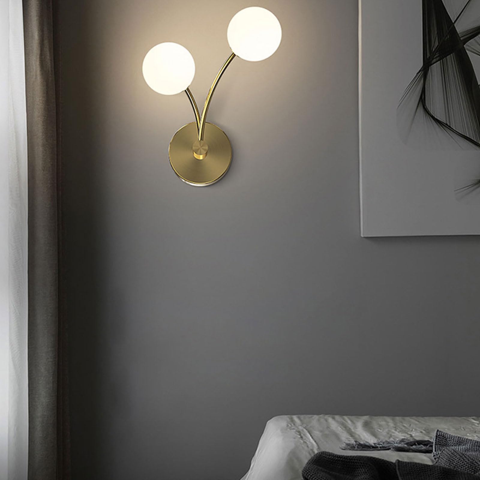 Applique da Parete in Rame Massiccio, Lampada nordica Moderna per Interni, Doppia Lampada Rotonda in Vetro per Soggiorno e Camera da Letto, 1 Confezione / 2
