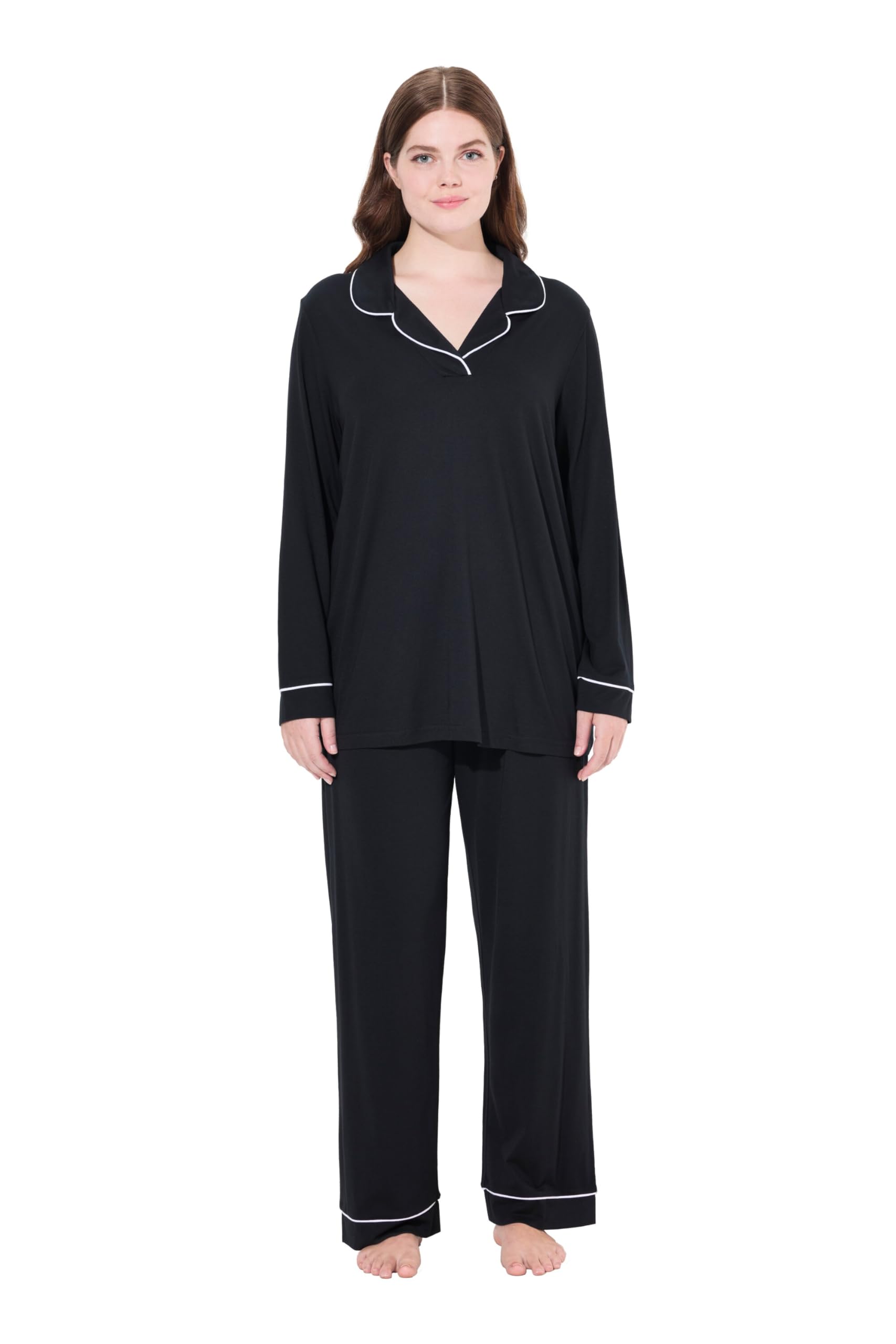 Ulla Popken Damen große Größen Übergrößen Plus Size Pyjama, Zweiteiler, Zierpaspeln, V-Ausschnitt, Langarm 823030