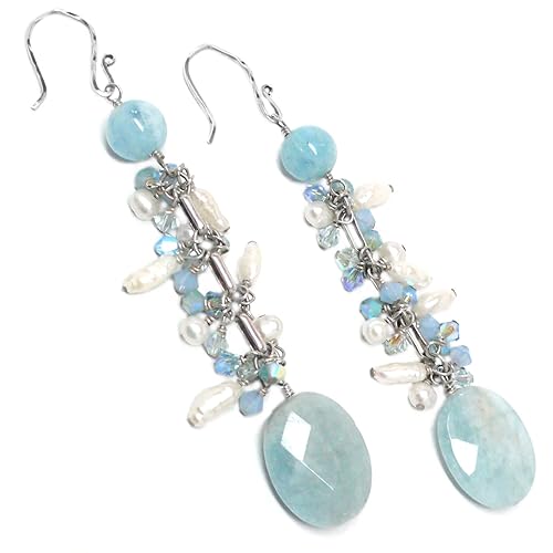Miniatura 2 de Faceted Aquamarine Cultured Pearl Cluster Drop Dangle Earrings Sterling Silver