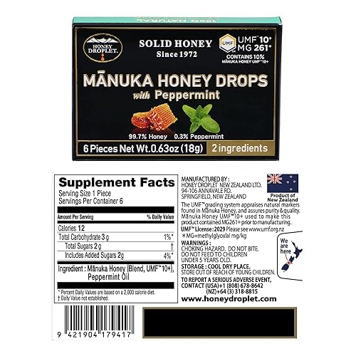 Miniatura 2 de Gota de miel UMF10+ (MG 261+) Gotas de miel de manuka 100% certificadas con menta para pureza y calidad, la primera pastilla de miel sólida del
