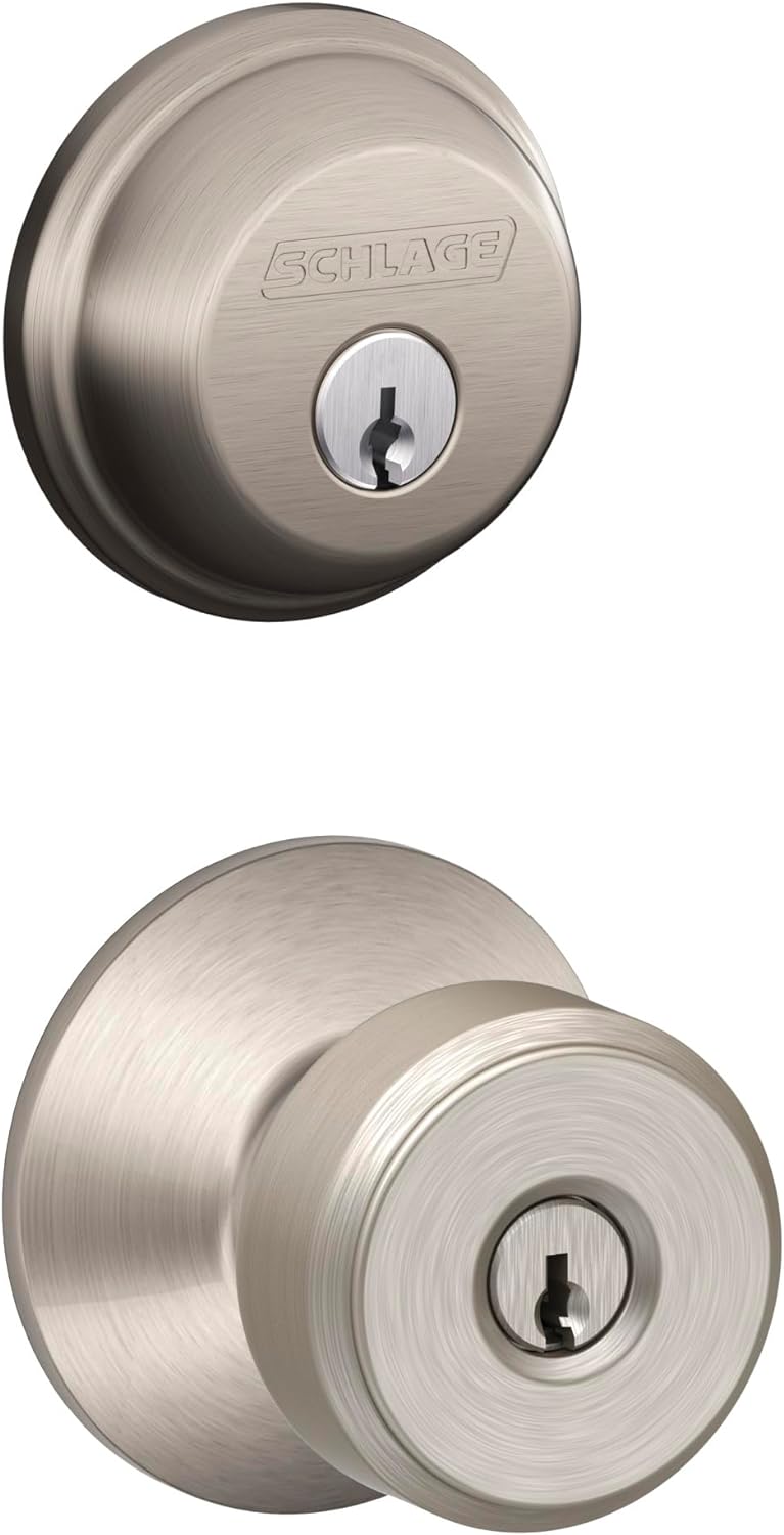 Schlage FB50 N V BWE 619 Single Cylinder Deadbolt and Keyed Entry Bowery Knob, Satin Nickel
