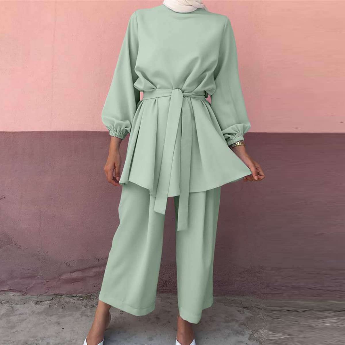 Ropa de oración de Las Mujeres Musulmanas de Manga Larga Top + Pantalones de Dos Piezas Traje de Ramadán de Manga Larga Suelta de Dos Piezas Traje árabe