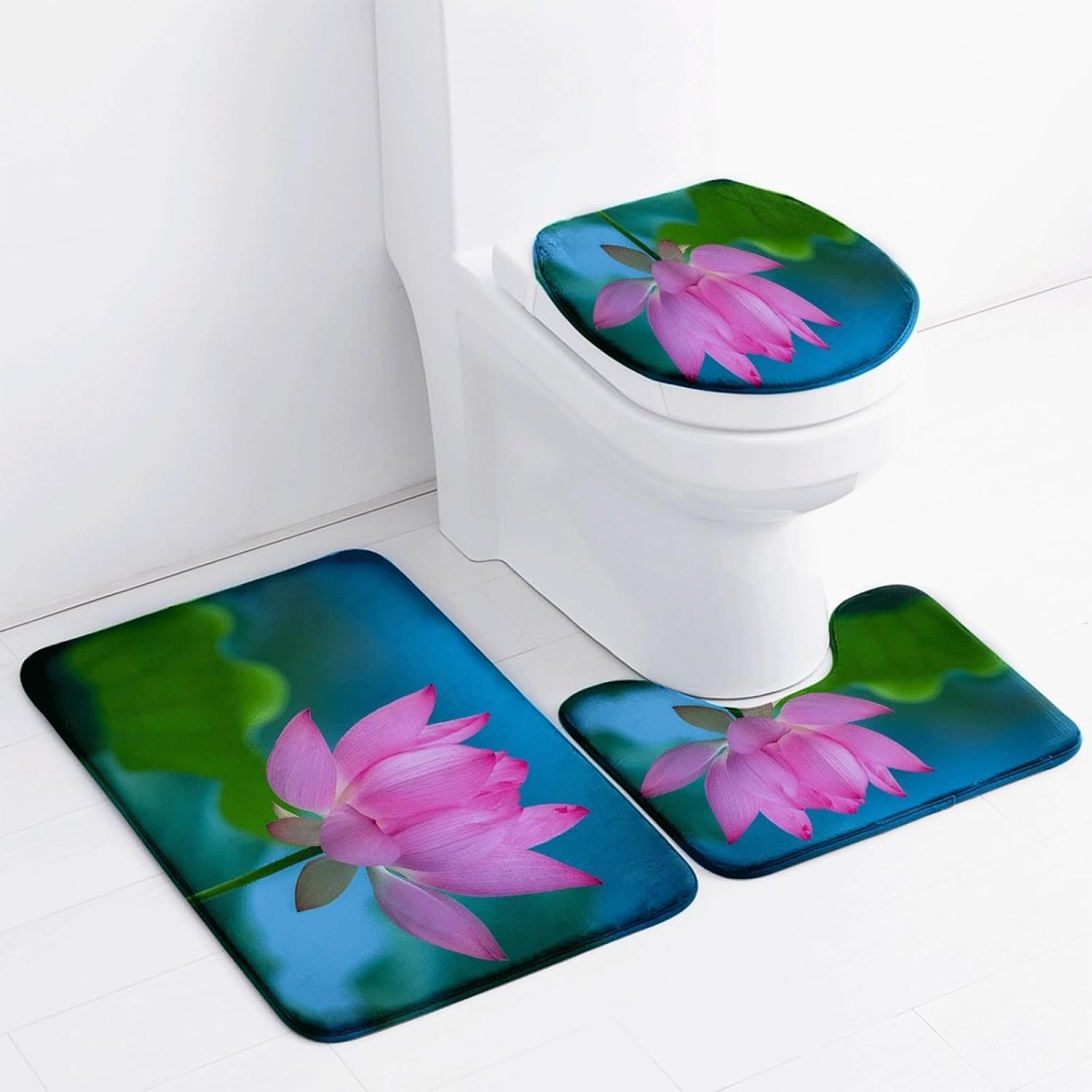 Set di tappetini da Bagno 3 Pezzi Blu Rosa Loto Antiscivolo per Bagno Tappeto Lavabile in Memory Foam Tappeto copriwater tappetini a Forma di U 50x80 cm