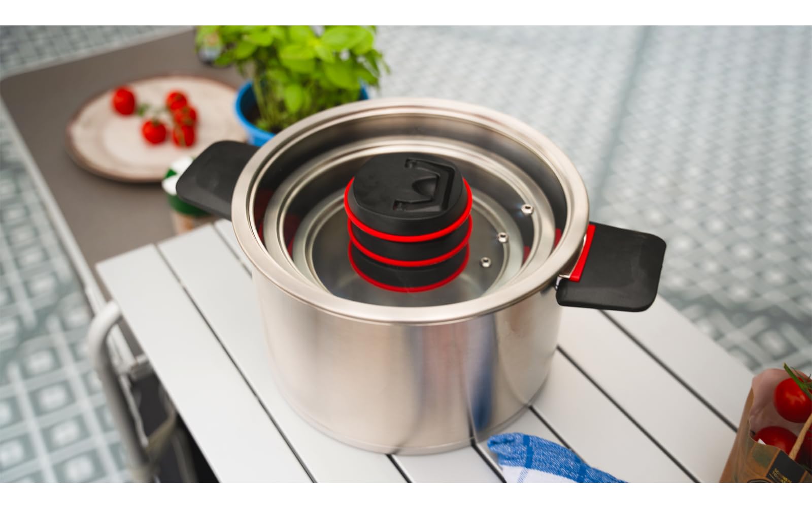 BERGER RedSilva Topfset Induktion 6-tlg. | Camping Kochgeschirr-Set aus Edelstahl | Kochtopf Set Outdoor mit Glasdeckel & klappbaren Griffen | Picknick Topf Geschirrset stapelbar