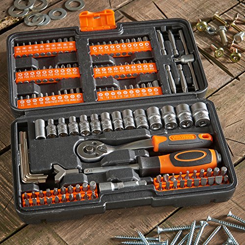 VonHaus Socket Set – 130-Piece Ratchet Set, 1/4 Drive Socket Set with Extension Bar, Coupler, Ratchet and Socket Wrench - Wrench Set and Screwdriver Bit Sets with Carry Case - Car Tool Set