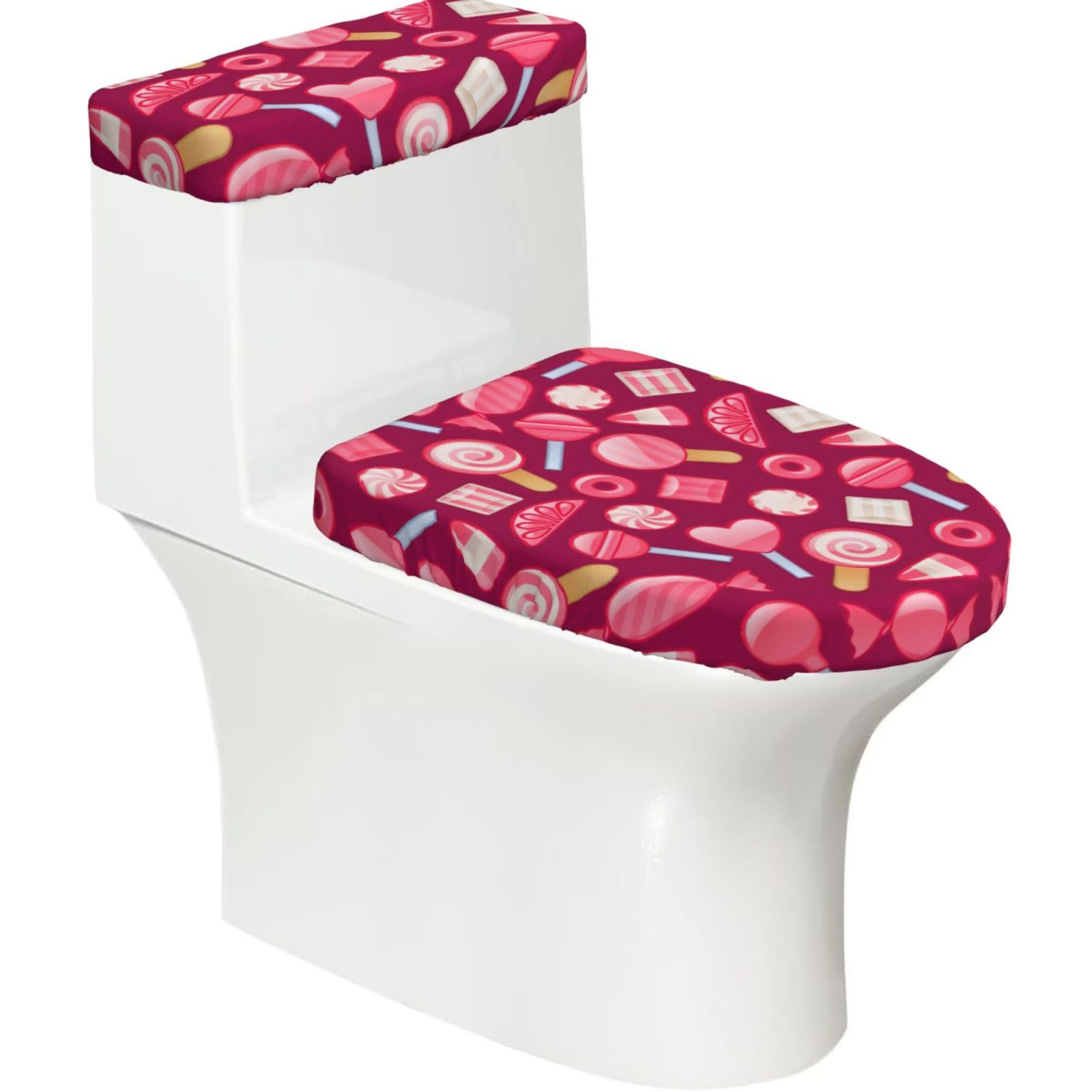 Pink Candy Print Bathroom Decor Toilet Lid Cover And Tank Covers, Restroom Accessories Fits Most Round