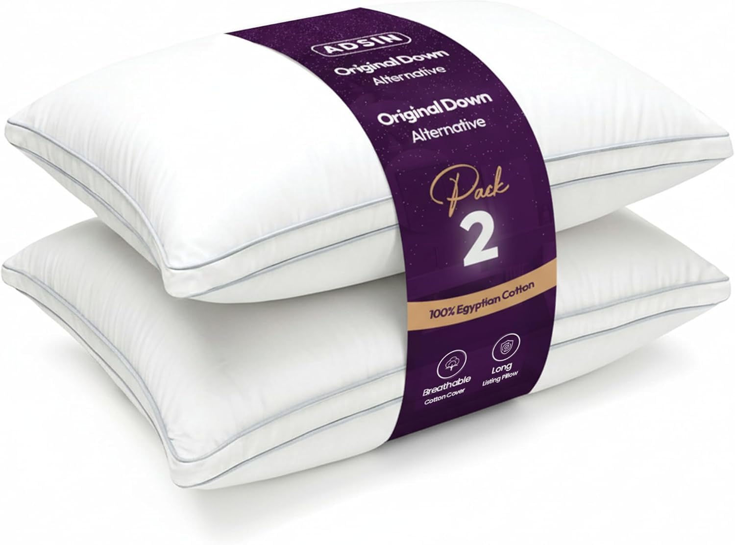 adsin Egyptian Cotton Box Pillows,Side Sleepers Down Alternative Filling Bed Pillow, Hotel Quality Pillows for Back Stomach, Hypoallergenic Breathable Washable Cover Pack of 2