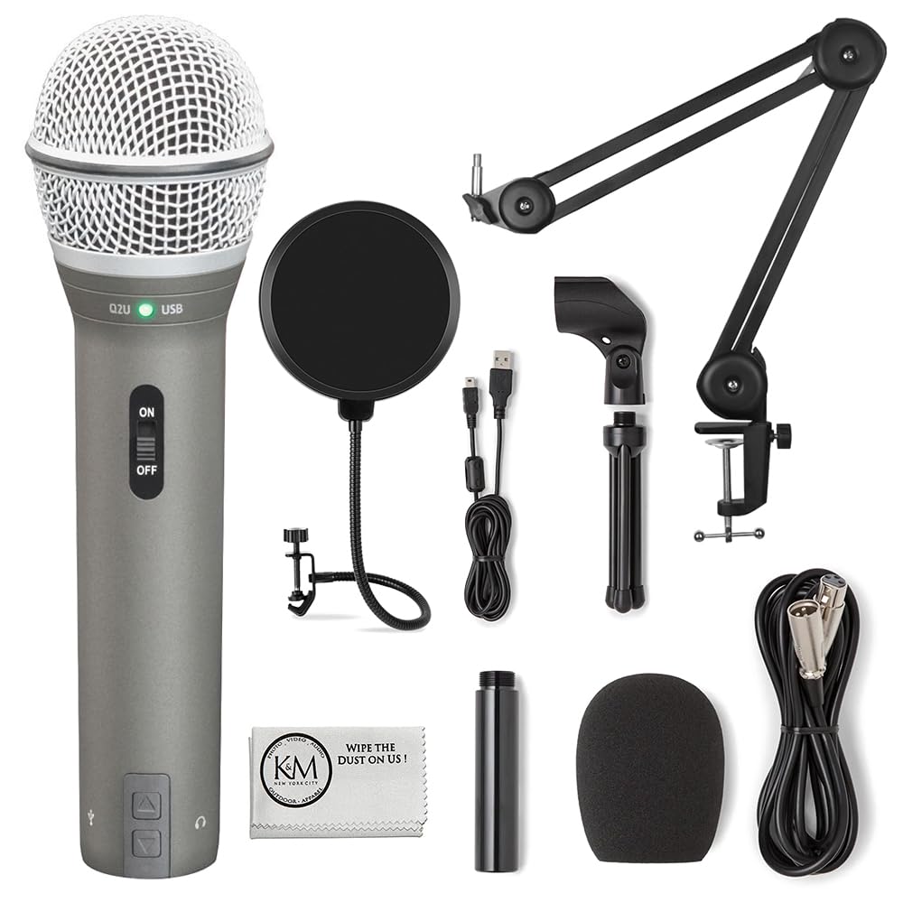 SAMSONQ2U Recording & Podcasting Pack | Gray Bundled with Pop Filter + Mic Arm + Microfiber Cleaning Cloth (4 Items)